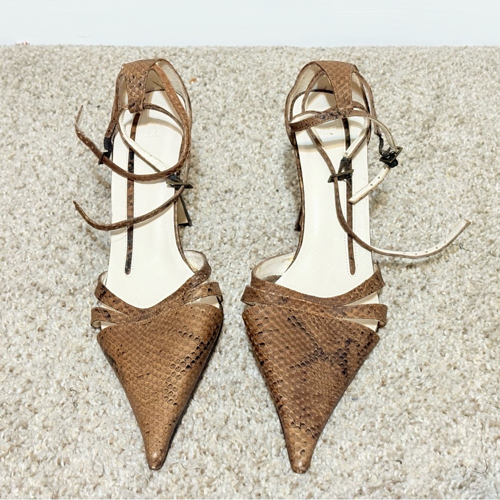 Brown Heels with Pointed Toe and Strappy Design